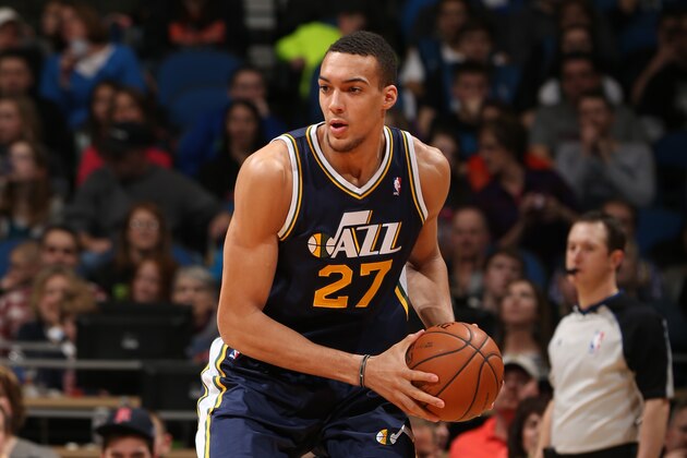 MINNEAPOLIS, MN - JANUARY 18: Rudy Gobert #27 of the Utah Jazz controls the ball against the Minnesota Timberwolves on January 18, 2014 at Target Center in Minneapolis, Minnesota. NOTE TO USER: User expressly acknowledges and agrees that, by downloading and or using this Photograph, user is consenting to the terms and conditions of the Getty Images License Agreement. Mandatory Copyright Notice: Copyright 2014 NBAE (Photo by David Sherman/NBAE via Getty Images)