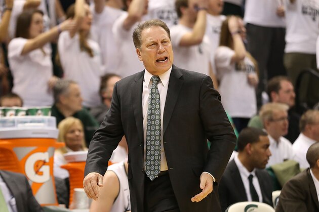EAST LANSING, MI - JANUARY 25:  Head coach Tom Izzo of the Michigan State Spartans reacts to a call during the first half of the game against the Michigan Wolverines at the Breslin Center on January 25, 2014 in East Lansing, Michigan.  (Photo by Leon Halip/Getty Images)