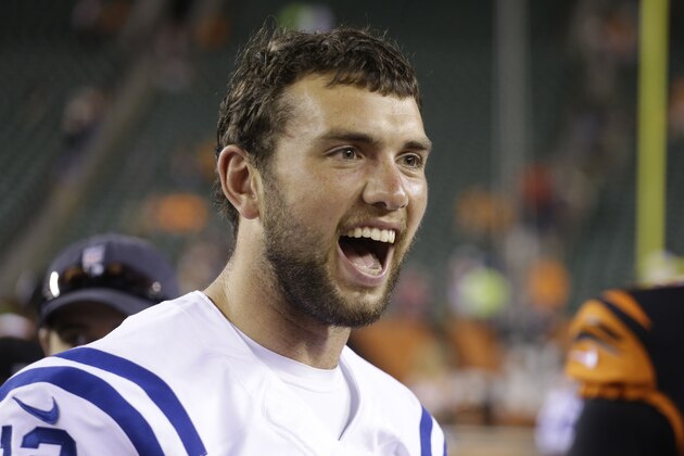 Indianapolis Colts quarterback Andrew Luck talks after an NFL preseason football game against the Cincinnati Bengals, Thursday, Aug. 28, 2014, in Cincinnati. (AP Photo/Tom Uhlman) Indianapolis Colts quarterback Andrew Luck talks after an NFL preseason football game against the Cincinnati Bengals, Thursday, Aug. 28, 2014, in Cincinnati. (AP Photo/Tom Uhlman)