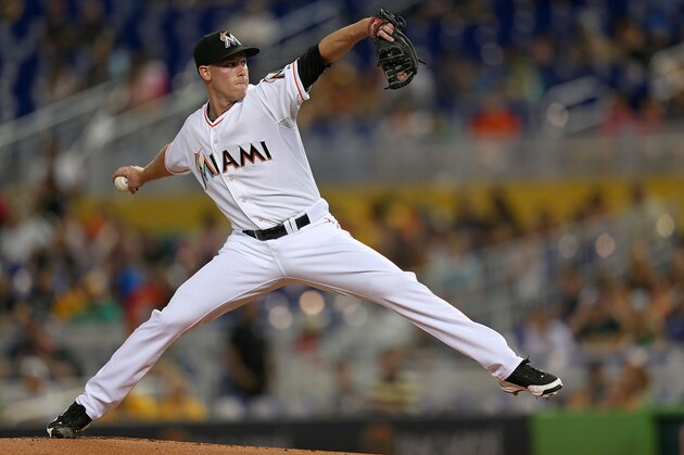 MIAMI, FL - JUNE 27:  Anthony DeSclafani #28 of the Miami Marlins pitches during a game against the Oakland Athletics at Marlins Park on June 27, 2014 in Miami, Florida.  (Photo by Mike Ehrmann/Getty Images)