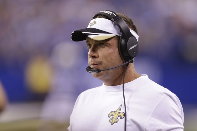 New Orleans Saints head coach Sean Payton during the first half of an NFL preseason football game against the Indianapolis Colts in Indianapolis, Saturday, Aug. 23, 2014. (AP Photo/Michael Conroy)