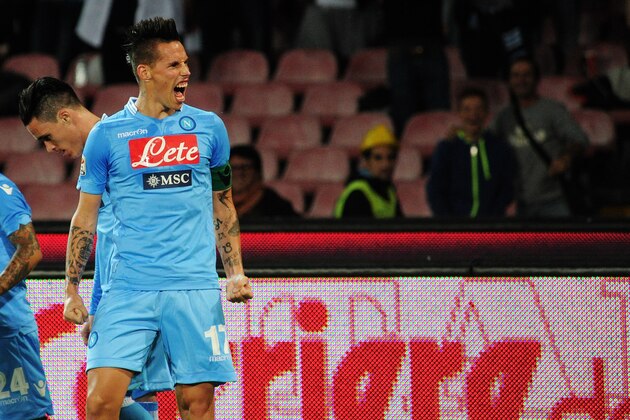 Napoli's Marek Hamsik celebrates after scoring during a Serie A soccer match between Napoli and Catania, at the San Paolo stadium in Naples, Italy, Saturday, Nov. 2, 2013. (AP Photo/Salvatore Laporta)