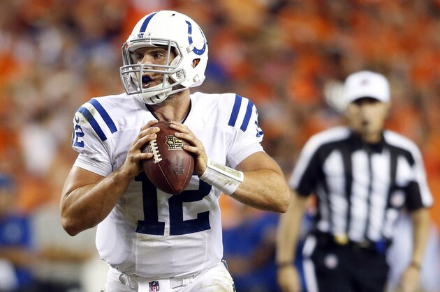 Sep 7, 2014; Denver, CO, USA; Indianapolis Colts quarterback Andrew Luck (12) during the second half against the against the Denver Broncos at Sports Authority Field at Mile High. Mandatory Credit: Chris Humphreys-USA TODAY Sports