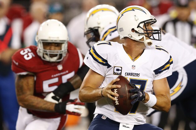 San Diego Chargers quarterback Philip Rivers (17) looks to pass under pressure from Arizona Cardinals outside linebacker John Abraham (55) during the first half of an NFL football game, Monday, Sept. 8, 2014, in Glendale, Ariz. (AP Photo/Ross D. Franklin)