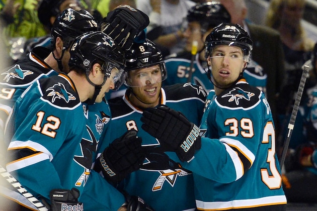 SAN JOSE, CA - MARCH 30: Joe Pavelski #8, Logan Couture #39, Patrick Marleau #12 and Joe Thornton #19 celebrate after Pavelski scored a goal against the Phoenix Coyotes in the second period at HP Pavilion on March 30, 2013 in San Jose, California. (Photo by Thearon W. Henderson/Getty Images) SAN JOSE, CA - MARCH 30: Joe Pavelski #8, Logan Couture #39, Patrick Marleau #12 and Joe Thornton #19 celebrate after Pavelski scored a goal against the Phoenix Coyotes in the second period at HP Pavilion on March 30, 2013 in San Jose, California. (Photo by Thearon W. Henderson/Getty Images)
