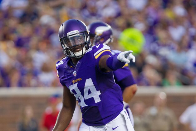 Aug 16, 2014; Minneapolis, MN, USA; Minnesota Vikings wide receiver Cordarrelle Patterson (84) points to a referee against the Arizona Cardinals at TCF Bank Stadium. Mandatory Credit: Brad Rempel-USA TODAY Sports