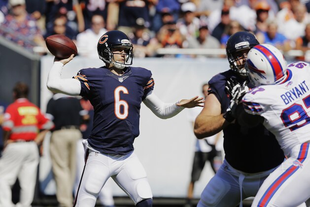 Chicago Bears quarterback Jay Cutler (6) throws a pass during the second half of an NFL football game against the Buffalo Bills Sunday, Sept. 7, 2014, in Chicago. (AP Photo/Nam Y. Huh)