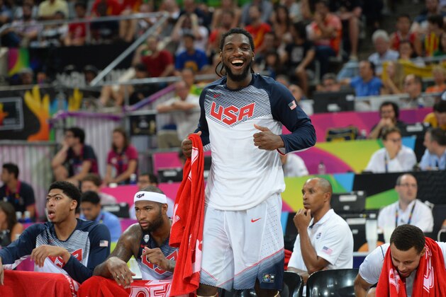 BARCELONA, SPAIN - SEPTEMBER 11: Kenneth Faried #7 of the USA Basketball Men's National Team cheers against the Lithuania National Team during the 2014 FIBA World Cup Semi-Finals at Palau Sant Jordi on September 11, 2014 in Barcelona, Spain.  NOTE TO USER: User expressly acknowledges and agrees that, by downloading and/or using this Photograph, user is consenting to the terms and conditions of the Getty Images License Agreement. Mandatory Copyright Notice: Copyright 2014 NBAE (Photo by Jesse D. Garrabrant/NBAE via Getty Images)