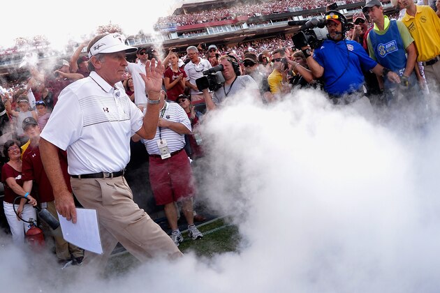 COLUMBIA, SC - AUGUST 28: Head coach Steve Spurrier of the South Carolina Gamecocks takes the field for a game against the Texas A&M Aggies at Williams-Brice Stadium on August 28, 2014 in Columbia, South Carolina. (Photo by Grant Halverson/Getty Images)