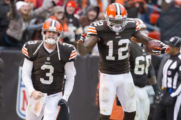 CLEVELAND, OH - DECEMBER 1: Quarterback Brandon Weeden #3 and wide receiver Josh Gordon #12 of the Cleveland Browns celebrate after Gordon scored a touchdown on a pass from Weeden during the second half against the Jacksonville Jaguars at FirstEnergy Stadium on December 1, 2013 in Cleveland, Ohio. The Jaguars defeated the Browns 32-28. (Photo by Jason Miller/Getty Images) CLEVELAND, OH - DECEMBER 1: Quarterback Brandon Weeden #3 and wide receiver Josh Gordon #12 of the Cleveland Browns celebrate after Gordon scored a touchdown on a pass from Weeden during the second half against the Jacksonville Jaguars at FirstEnergy Stadium on December 1, 2013 in Cleveland, Ohio. The Jaguars defeated the Browns 32-28. (Photo by Jason Miller/Getty Images)