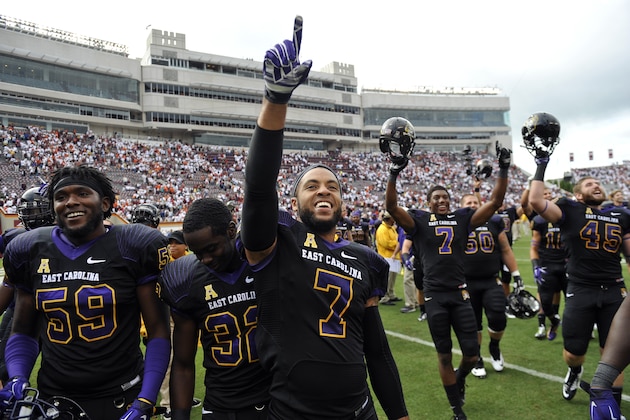 BLACKSBURG, VA - SEPTEMBER 13: Defensive back Lamar Ivey #7 of the East Carolina Pirates celebrates after the game at Lane Stadium on September 13, 2014 in Blacksburg, Virginia. East Carolina defeated Virginia Tech 28-21.  (Photo by Michael Shroyer/Getty Images)