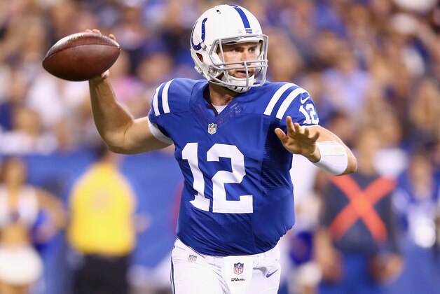 INDIANAPOLIS, IN - AUGUST 23:  Andrew Luck #12 of the Indianapolis Colts throws a pass against the New Orleans Saints before the exhibition game at Lucas Oil Stadium on August 23, 2014 in Indianapolis, Indiana.  (Photo by Andy Lyons/Getty Images)