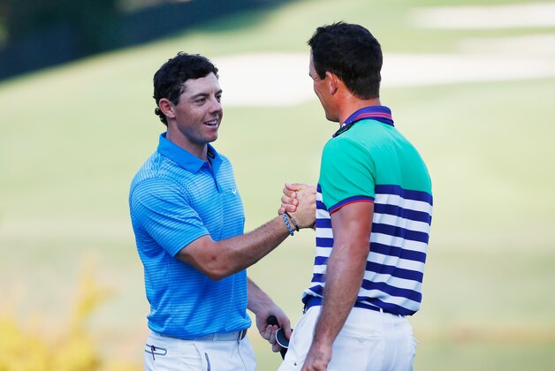ATLANTA, GA - SEPTEMBER 13:  Rory McIlroy of Northern Ireland (L) and Billy Horschel of the United States shake hands on the 18th green during the third round of the TOUR Championship by Coca-Cola at the East Lake Golf Club on September 13, 2014 in Atlanta, Georgia.  (Photo by Sam Greenwood/Getty Images)