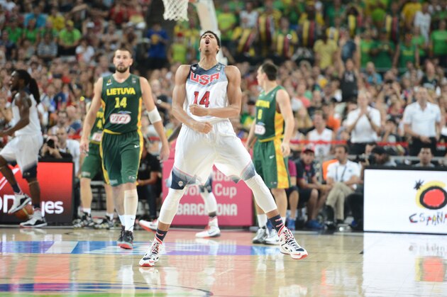 BARCELONA, SPAIN - SEPTEMBER 11: Anthony Davis #14 of the USA Basketball Men's National Team shows emotion in the game against the Lithuania National Team during the 2014 FIBA World Cup Semi-Finals at Palau Sant Jordi on September 11, 2014 in Barcelona, Spain.  NOTE TO USER: User expressly acknowledges and agrees that, by downloading and/or using this Photograph, user is consenting to the terms and conditions of the Getty Images License Agreement. Mandatory Copyright Notice: Copyright 2014 NBAE (Photo by Garrett Ellwood/NBAE via Getty Images)