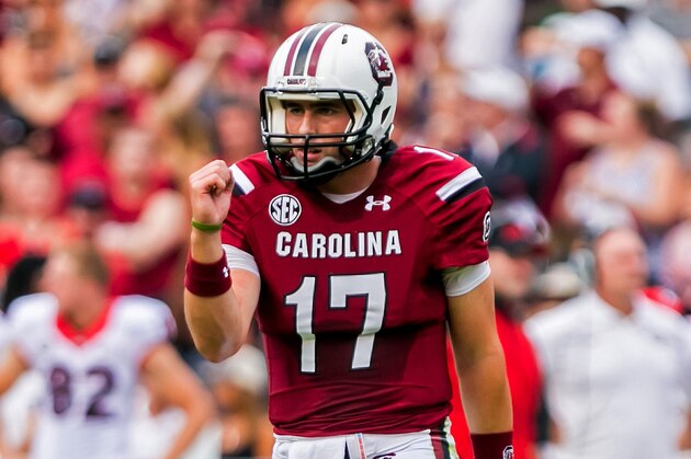 Sep 13, 2014; Columbia, SC, USA; South Carolina Gamecocks quarterback Dylan Thompson (17) celebrates a first down against the Georgia Bulldogs in the first quarter at Williams-Brice Stadium. Mandatory Credit: Jeff Blake-USA TODAY Sports