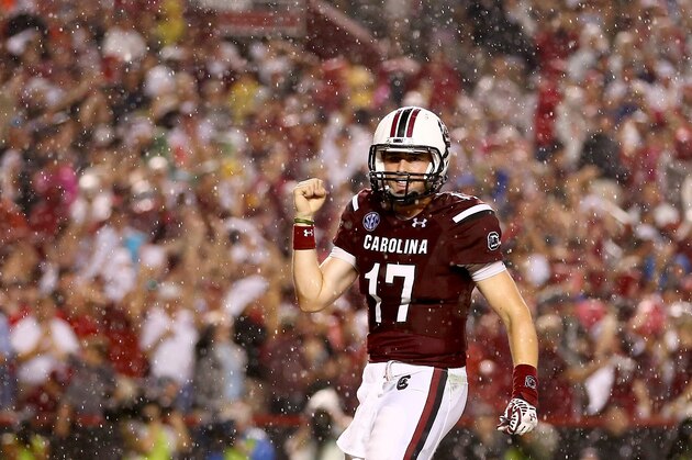 COLUMBIA, SC - SEPTEMBER 13:  Dylan Thompson #17 of the South Carolina Gamecocks reacts after a touchdown against the Georgia Bulldogs during their game at Williams-Brice Stadium on September 13, 2014 in Columbia, South Carolina.  (Photo by Streeter Lecka/Getty Images)
