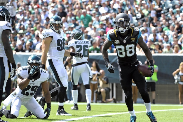 Sep 7, 2014; Philadelphia, PA, USA; Jacksonville Jaguars wide receiver Allen Hurns (88) celebrates his 34-yard touchdown catch against the Philadelphia Eagles in the first quarter at Lincoln Financial Field. Mandatory Credit: Eric Hartline-USA TODAY Sports