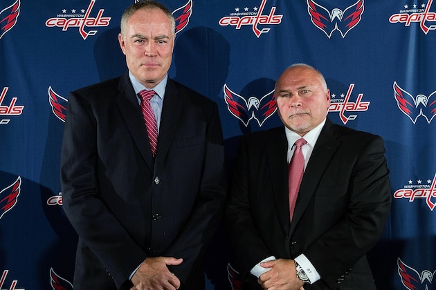 WASHINGTON, DC - MAY 27:  General Manager Brian MacLellan (L) and head coach Barry Trotz, both of the Washington Capitals, pose following their introductory press conference at the Verizon Center on May 27, 2014 in Washington, DC. The Washington Capitals introduced MacLellan as the new general manager and Trotz as the new head coach during the press conference.  (Photo by Patrick McDermott/NHLI via Getty Images)