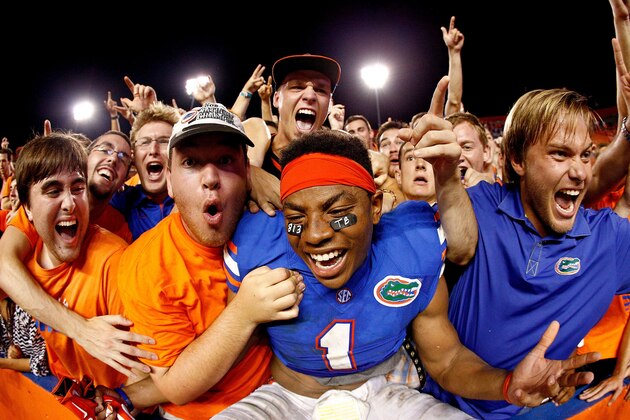 GAINESVILLE, FL - SEPTEMBER 13: Vernon Hargreaves III #1 of the Florida Gators celebrates after defeating the Kentucky Wildcats in triple overtime at Ben Hill Griffin Stadium on September 13, 2014 in Gainesville, Florida.  (Photo by Rob Foldy/Getty Images)