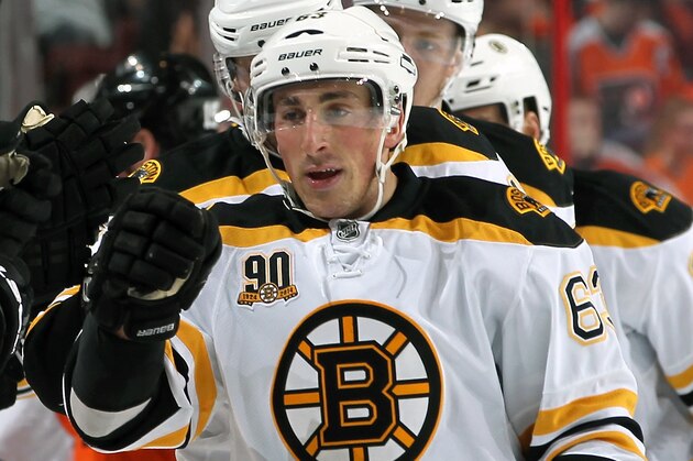 PHILADELPHIA, PA - MARCH 30:  Brad Marchand #63 of the Boston Bruins celebrates Andrej Meszaros's goal against the Philadelphia Flyers on March 30, 2014 at the Wells Fargo Center in Philadelphia, Pennsylvania.  (Photo by Len Redkoles/NHLI via Getty Images)