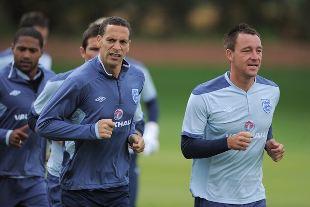 ST ALBANS, ENGLAND - MAY 31: Rio Ferdinand and John Terry warm up during the England training session at London Colney on May 31, 2011 in St Albans, England.  (Photo by Michael Regan/Getty Images)