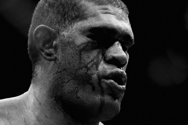 BRISBANE, AUSTRALIA - DECEMBER 07:  (This digital image has been converted to black & white) Antonio 'Bigfoot' Silva looks on in his fight against Mark Hunt in their heavyweight fight during the UFC Fight Night event at the Brisbane Entertainment Centre on December 7, 2013 in Brisbane, Australia.  (Photo by Chris Hyde/Getty Images)