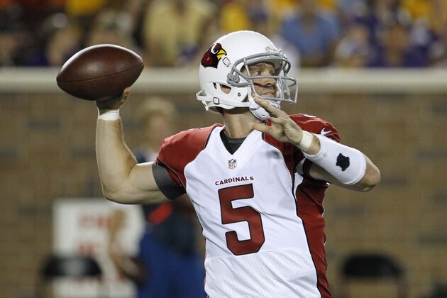 Arizona Cardinals quarterback Drew Stanton throws a pass during the first half of an NFL preseason football game against the Minnesota Vikings, Saturday, Aug. 16, 2014, in Minneapolis. (AP Photo/Ann Heisenfelt)