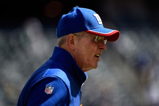 EAST RUTHERFORD, NJ - SEPTEMBER 14: Head coach Tom Coughlin of the New York Giants looks on prior to a game against the Arizona Cardinals at MetLife Stadium on September 14, 2014 in East Rutherford, New Jersey.  (Photo by Alex Goodlett/Getty Images)
