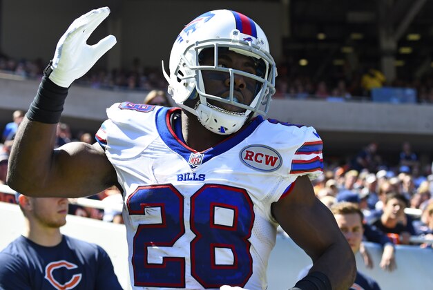 Sep 7, 2014; Chicago, IL, USA; Buffalo Bills running back C.J. Spiller (28) reacts after scoring a touchdown against the Chicago Bears during the second quarter at Soldier Field. Mandatory Credit: Mike DiNovo-USA TODAY Sports