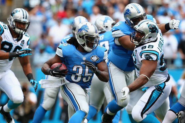 CHARLOTTE, NC - SEPTEMBER 14:   Joique Bell #35 of the Detroit Lions runs the ball during the game at Bank of America Stadium on September 14, 2014 in Charlotte, North Carolina.  (Photo by Streeter Lecka/Getty Images)