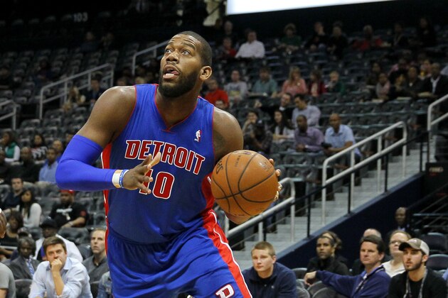 Detroit Pistons forward Greg Monroe (10) drives to the basket in an NBA basketball game against the Atlanta Hawks in Atlanta, Tuesday, April 8, 2014. The Pistons won the game 102-95 (AP Photo/Todd Kirkland)