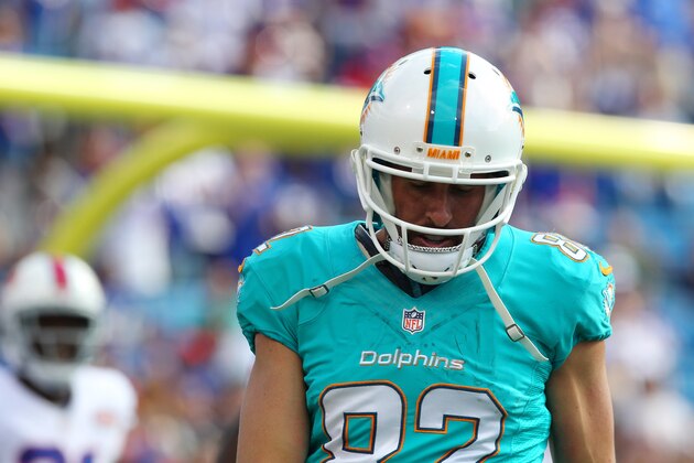 Miami Dolphins wide receiver Brian Hartline (82) walks off the field during their 29-10 loss to the Buffalo Bills in an NFL football game, Sunday, Sept. 14, 2014, in Orchard Park, N.Y. (AP Photo/Bill Wippert)