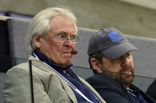 LOS ANGELES, CA - JUNE 06:  (L-R) Team President Glen Sather and Exceutive Chairman James Dolan chat during the New York Rangers practice session on an off day during the 2014 NHL Stanley Cup playoffs at Staples Center on June 6, 2014 in Los Angeles, California.  (Photo by Bruce Bennett/Getty Images)