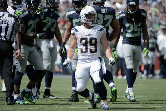 SAN DIEGO, CA - SEPTEMBER 14:  Running back Danny Woodhead #39 of the San Diego Chargers celebrates while playing the Seattle Seahawks  at Qualcomm Stadium on September 14, 2014 in San Diego, California.  (Photo by Donald Miralle/Getty Images)