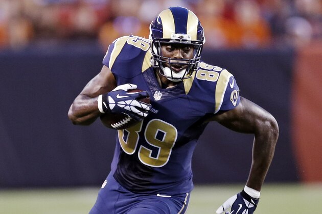 St. Louis Rams tight end Jared Cook runs after a catch in a preseason NFL football game against the Cleveland Browns Saturday, Aug. 23, 2014, in Cleveland. (AP Photo/Tony Dejak)