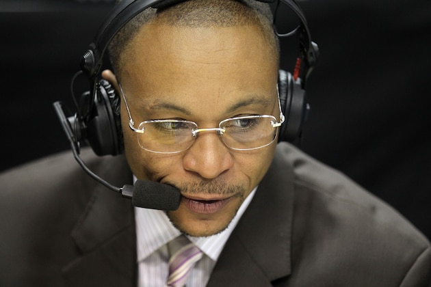 INDIANAPOLIS, IN - MARCH 10:  Big Ten Network announcer Gus Johnson calls the game between the Penn State Nittany Lions and the Indiana Hoosiers during the first round of the 2011 Big Ten Men's Basketball Tournament at Conseco Fieldhouse on March 10, 2011 in Indianapolis, Indiana.  (Photo by Andy Lyons/Getty Images)