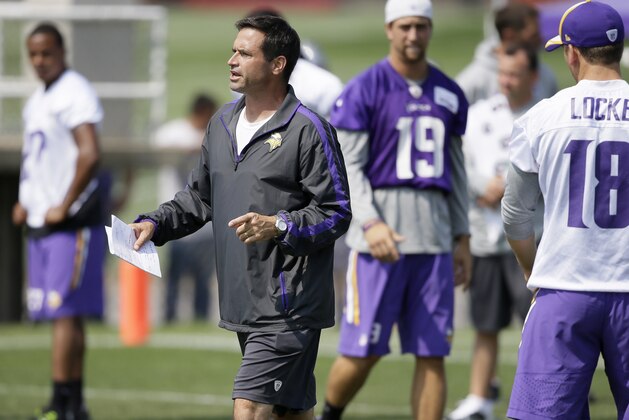 Minnesota Vikings special teams coach Mike Priefer directs his players during NFL football training camp, Wednesday, July 30, 2014, in Mankato, Minn. (AP Photo/Charlie Neibergall)