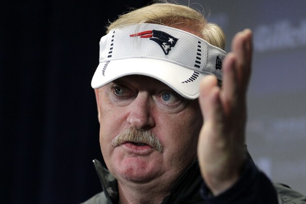 New England Patriots special teams coach Scott O’Brien takes questions from reporters during a news conference before a scheduled NFL football training camp in Foxborough, Mass., Sunday, July 29, 2012. (AP Photo/Steven Senne)