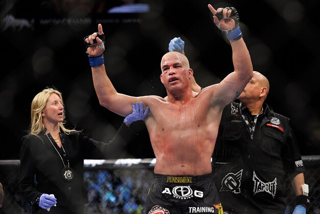 Tito Ortiz gets cools down after his fight with Forrest Griffin at their UFC 148 light heavyweight fight at the MGM Grand Garden Arena Saturday, July 7, 2012 in Las  Vegas. Griffin won the bout by a unanimous decision. (AP Photo/David Becker)