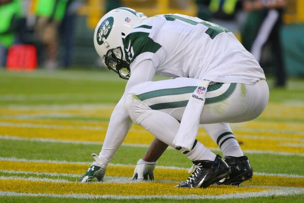 Sep 14, 2014; Green Bay, WI, USA; New York Jets wide receiver Jeremy Kerley (11) reacts to missing a pass in the end zone during the second half of a game against the Green Bay Packers at Lambeau Field. Green Bay won 31-24. Mandatory Credit: Dennis Wierzbicki-USA TODAY Sports