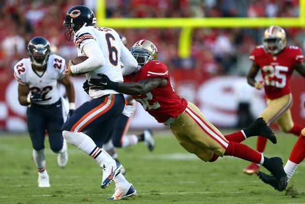 SANTA CLARA, CA - SEPTEMBER 14: Quarterback Jay Cutler #6 of the Chicago Bears gets hit by inside linebacker Patrick Willis #52 of the San Francisco 49ers during the second quarter at Levi's Stadium on September 14, 2014 in Santa Clara, California. (Photo by Jeff Gross/Getty Images)