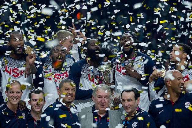 MADRID, SPAIN - SEPTEMBER 14: The USA team poses during the award ceremony after the 2014 FIBA World Basketball Championship final match between USA and Serbia at Palacio de los Deportes on September 14, 2014 in Madrid, Spain. (Photo by Gonzalo Arroyo Moreno/Getty Images)