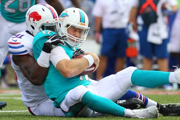 Miami Dolphins quarterback Ryan Tannehill (17) is tackled by Buffalo Bills defensive end Manny Lawson (91) during the second half of an NFL football game, Sunday, Sept. 14, 2014, in Orchard Park, N.Y. (AP Photo/Bill Wippert)