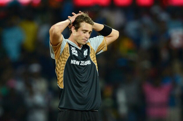 KANDY, SRI LANKA - OCTOBER 01:  Tim Southee of New Zealand  reacts after losing the superover during the ICC World Twenty20 2012 Super Eights Group 1 match between the West Indies and New Zealand at Pallekele Cricket Stadium on October 1, 2012 in Kandy, Sri Lanka.  (Photo by Gareth Copley/Getty Images)