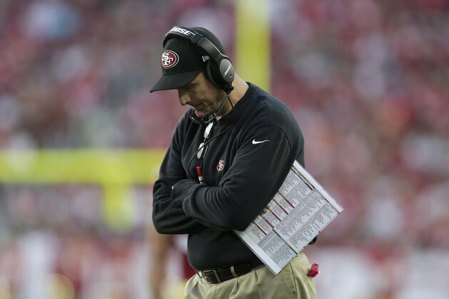 San Francisco 49ers head coach Jim Harbaugh stands on the sideline during the second quarter of an NFL football game against the Chicago Bears in Santa Clara, Calif., Sunday, Sept. 14, 2014. (AP Photo/Marcio Jose Sanchez) San Francisco 49ers head coach Jim Harbaugh stands on the sideline during the second quarter of an NFL football game against the Chicago Bears in Santa Clara, Calif., Sunday, Sept. 14, 2014. (AP Photo/Marcio Jose Sanchez)