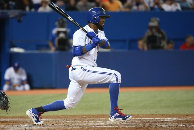 TORONTO, CANADA - SEPTEMBER 8: Jose Reyes #7 of the Toronto Blue Jays hits a single in the seventh inning during MLB game action against the Chicago Cubs on September 8, 2014 at Rogers Centre in Toronto, Ontario, Canada. (Photo by Tom Szczerbowski/Getty Images) TORONTO, CANADA - SEPTEMBER 8: Jose Reyes #7 of the Toronto Blue Jays hits a single in the seventh inning during MLB game action against the Chicago Cubs on September 8, 2014 at Rogers Centre in Toronto, Ontario, Canada. (Photo by Tom Szczerbowski/Getty Images)