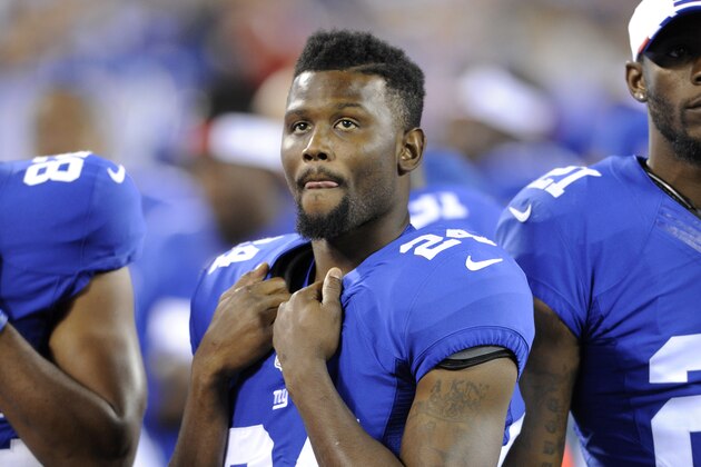 New York Giants' Walter Thurmond on the sidelines during the second half of an NFL preseason football game between the New England Patriots and the Giants, Thursday, Aug. 28, 2014, in East Rutherford, N.J. (AP Photo/Bill Kostroun)