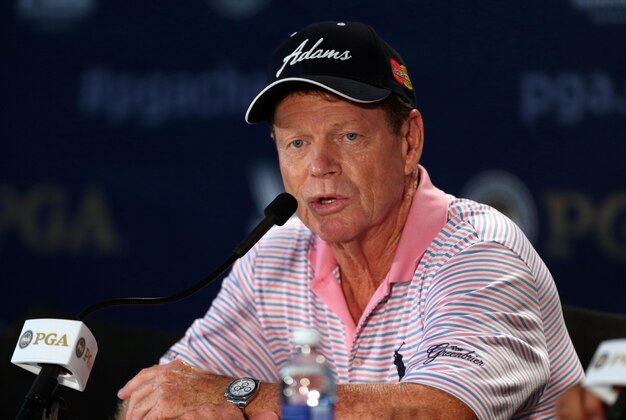 Aug 6, 2014; Louisville, KY, USA; PGA golfer and 2014 Ryder Cup captain Tom Watson speaks at a press conference during practice for the 2014 PGA Championship at Valhalla Country Club. Mandatory Credit: Brian Spurlock-USA TODAY Sports