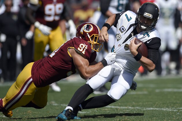 Washington Redskins outside linebacker Ryan Kerrigan (91) pulls down Jacksonville Jaguars quarterback Chad Henne (7) during the first half of an NFL football game Sunday, Sept. 14, 2014, in Landover, Md. (AP Photo/Nick Wass)