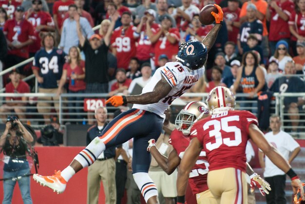 Sep 14, 2014; Santa Clara, CA, USA; Chicago Bears wide receiver Brandon Marshall (15) catches a touchdown pass against the San Francisco 49ers during the second quarter at Levi's Stadium. The Chicago Bears defeated the San Francisco 49ers 28-20. Mandatory Credit: Ed Szczepanski-USA TODAY Sports